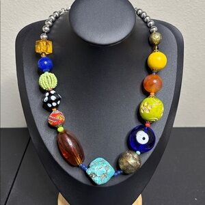 Glass Mixed Media Colorful Evil Eye Statement Colorful Beaded Chunkg Necklace
